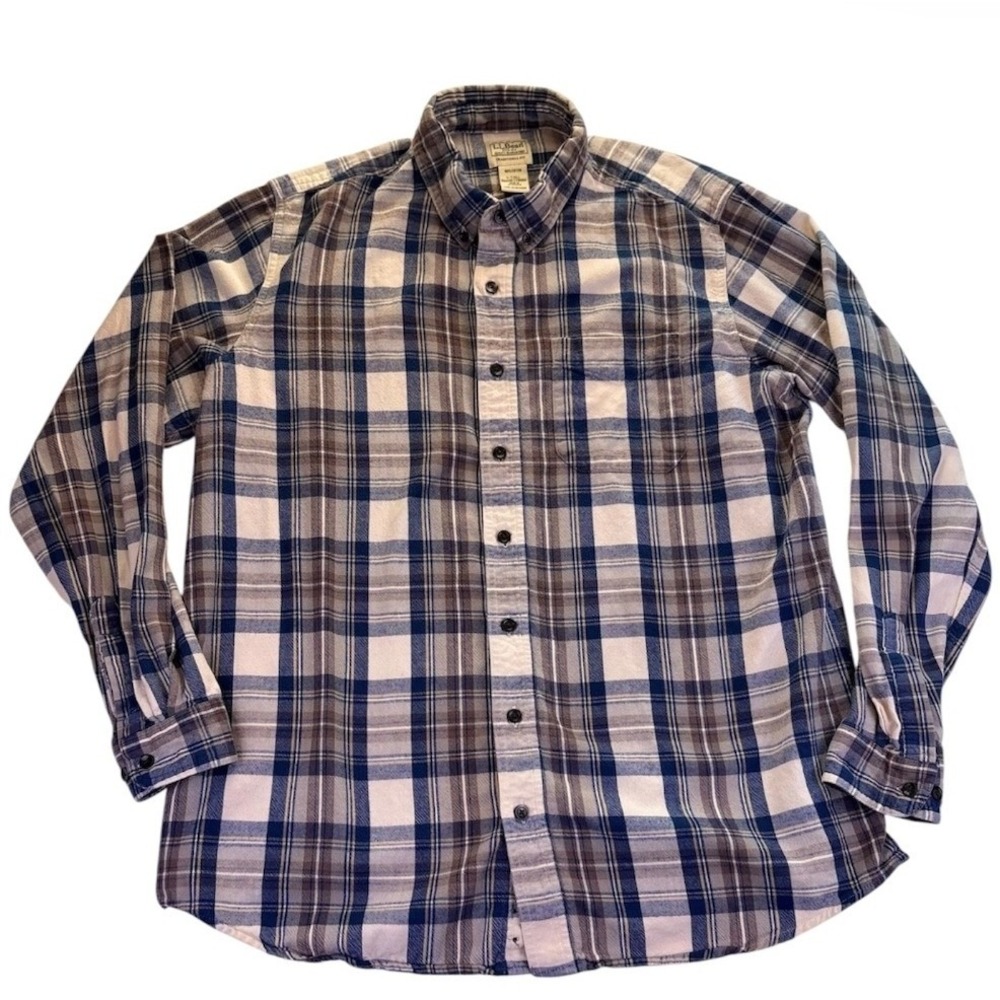LL Bean Mens Flannel Shirt Blue Grey Plaid Traditional Fit L-Tall 228066 Outdoor